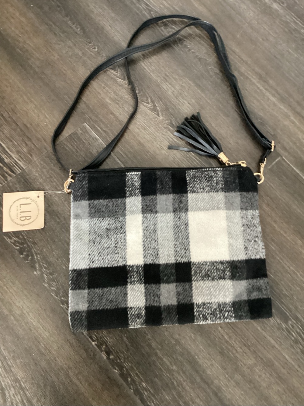 Plaid Crossbody Bag with Tassel - Black & Gray